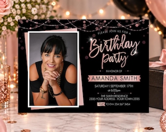 Editable Pink and Rose Gold Birthday Invitation (Digital), Elegant Adult Party Invite with Photo Placeholder