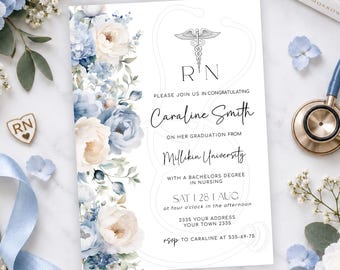 May include: A rectangular graduation invitation card featuring a blue and white floral border on the left side. The text includes RN, Caraline Smith, Millikin University, and details for a bachelor's degree in nursing on August 28th at 4:00 PM.
