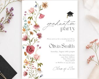May include: A white graduation party invitation card featuring a watercolor floral border on the left side and a black graduation cap icon. The text reads: graduation party, Please join us for a Graduation Party in honor of Olivia Smith, Saturday, August 18th 4:00pm, The Smith Resedince, 2335 Your Address, Your Town 2335, Please RSVP to Mellisa at 234 567 3454, Class of 20xx.