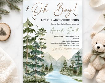 Editable Woodland Baby Shower Invitation Suite, Adventure Forest Theme