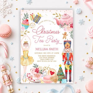 May include: A rectangular Christmas Tea Party invitation card featuring watercolour illustrations of a ballerina, a nutcracker, a teapot, a cupcake, and holiday treats. The text reads: Please join us for a Christmas Tea Party hosted by Mellisa Smith.