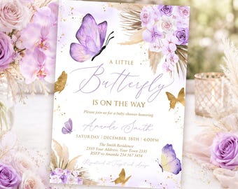 Butterfly Baby Shower Invitation Template, Editable Floral Purple Gold Event Invite (Digital)