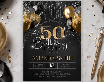 50th Birthday Invitation Template, Elegant Gold and Black Milestone Party Invite, Editable Digital Download