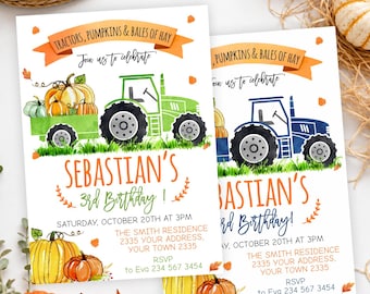 Editable Tractor Pumpkin Birthday Invitation, Navy and Orange Autumn Tractor Party Template (Digital)