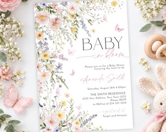 Editable Baby in Bloom Baby Shower Invitation Bundle, Watercolor Pink Blue Wildflower Invite (Digital)