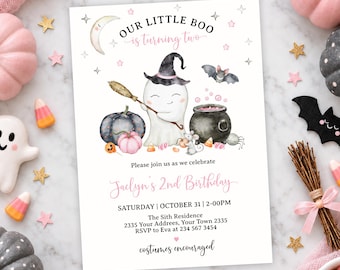 Editable Halloween Second Birthday Invitation (Digital), Cute Ghost Birthday Invite, Whimsical Pastel Halloween Party