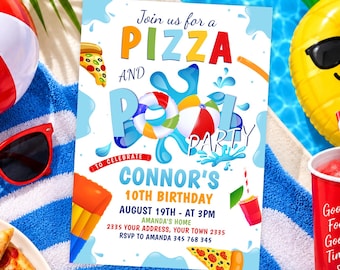 Editable Pizza and Pool Party Invitation, Summer Birthday Invite (Digital), Pizza Swimming Party