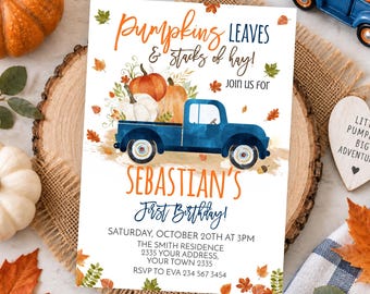 May include: A rectangular birthday invitation card featuring a watercolor blue truck carrying pumpkins, surrounded by autumn leaves. The text reads: Pumpkins LEAVES & stacks of hay! JOIN US FOR SEBASTIAN'S First Birthday! SATURDAY, OCTOBER 20TH AT 3PM.