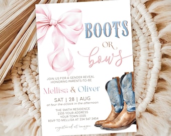 Editable Boots or Bows Gender Reveal Invitation, Pink Blue Western Baby Shower (Digital Download)