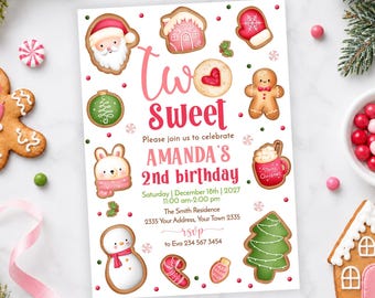 Two Sweet 2nd Birthday Invitation, Editable Holiday Cookie Invite, Christmas Winter Gingerbread Girl Birthday