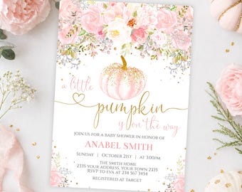 May include: A rectangular baby shower invitation card featuring a watercolor illustration of pink roses and a gold-dusted pumpkin. The text reads: a little pumpkin is on the way, join us for a baby shower in honor of ANABEL SMITH, October 21st.