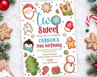 Editable 2nd Birthday Invitation, Two Sweet Cookie Winter Holiday Party Invite (Digital Item)