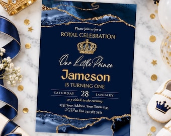Royal Prince First Birthday Invitation, Editable Navy and Gold Boy 1st Birthday Invite (Digital)