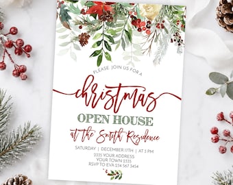 May include: A rectangular Christmas open house invitation card featuring a watercolor botanical border of pine branches, red berries, and poinsettias. The text reads: Please join us for a Christmas Open House at the Smith Residence, Saturday, December 17th, at 3 PM.