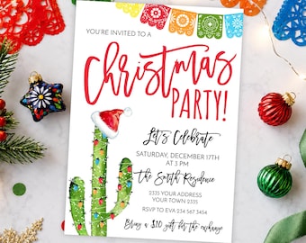 May include: A white Christmas party invitation card featuring a green cactus wearing a red and white Santa hat, decorated with colourful string lights. The text reads: You're invited to a Christmas party! Let's celebrate, Saturday, December 17th at 3 PM, the Smith Residence, 2335 your address, your town 2335, RSVP to Eva 234 567 3454, bring a $10 gift for the exchange.