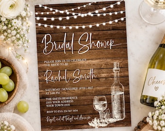 Rustic Wine Bridal Shower Invitation, Editable Digital Wedding Invite, Rustic Winery Theme