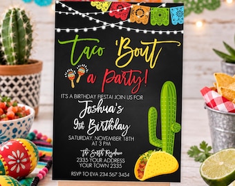 Taco Bout a Party Birthday Invitation (Digital), Editable Fiesta Birthday Invite, Colorful Chalkboard Kids Birthday
