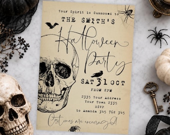 May include: A beige Halloween party invitation card featuring a black ink illustration of a human skull, a spider, a bat, and a raven. The text reads: Your Spirit is Summoned to The Smith's Halloween Party, Sat 31 Oct, From 8pm, 2335 Your Address, Your Town 2335, RSVP to Amanda 345 768 345, Costumes are encouraged.