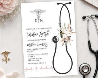 May include: A white graduation invitation card featuring a black stethoscope graphic adorned with dried flowers, a caduceus symbol, and the text: Please join us in congratulating Caraline Smith on her graduation from Millikin University.