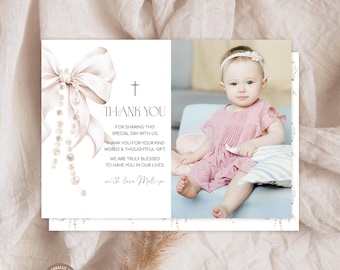 Editable First Holy Communion Photo Thank You Card with Beige Bow and Pearls. Elegant Girl First Communion Thank You Card. Ribbon and Rosary