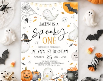Editable Halloween First Birthday Invitation (Digital), Spooky Boo-Day Party Invite, Watercolor Ghosts and Pumpkins