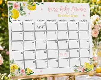 Lemon Baby Shower Due Date Calendar Game Editable Floral Template (Digital Download)