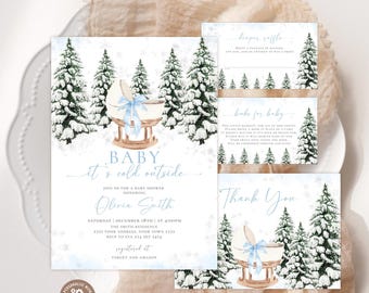 Winter Baby Shower Invitation Set: Blue Bow Cradle (Editable Digital), Spruces, Crib, Wonderland