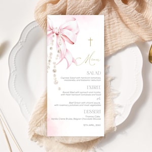 Editable Pink Bow and Pearls Food Menu. Elegant Food Menu. Soft Pastel Pink Bow and Pearl Beads Dinner Menu. Restaurant Menu.