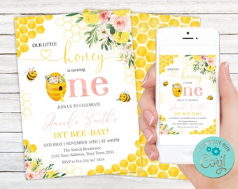 Editable Bee Birthday Invitation. Bee First Birthday Invitation. Floral 1st Birthday Invitation. Honey Bee Birthday Invite. Bumble Bee.