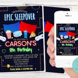 Invito per festa di compleanno per pigiama party modificabile. Invito per pigiama party per ragazzi. Invito per festa con videogiochi. Invito per adolescenti. Qualsiasi età. File digitale.
