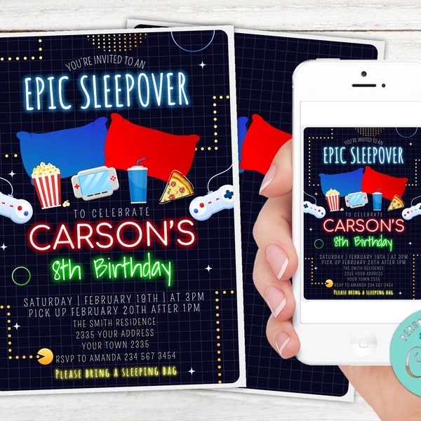 Editable Sleepover Boy Birthday Party Invitation. Boy Sleepover Invitation. Video Game Party Invite. Teen Invitation. Any age. Digital File.