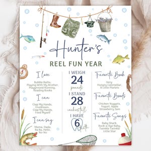 May include: A blue and white illustrated printable chart for a child's first year. The chart features a fishing theme with a title that reads "Hunter's Reel Fun Year". The chart includes details about the child's growth, including weight, height, favorite books, foods, and songs.
