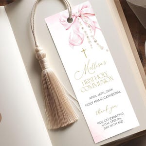 Editable First Holy Communion Bookmark with Pink Bow and Pearls. Communion Prayer. Communion Keepsake. Soft Pastel Pink Bow and Pearl Beads.
