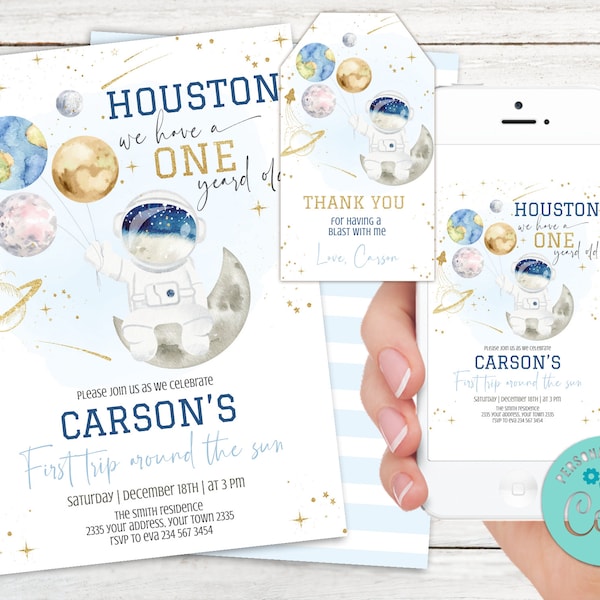 Editable Planet Birthday Invitation. Outer Space Invitation. Space Birthday. Houston We Have a One Year Old. Planets Stars invitations.