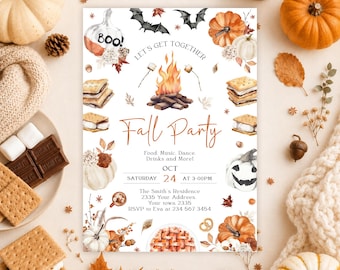 Editable Fall Party Invitation, Autumn Harvest Bonfire Night (Digital Download), Halloween Invite