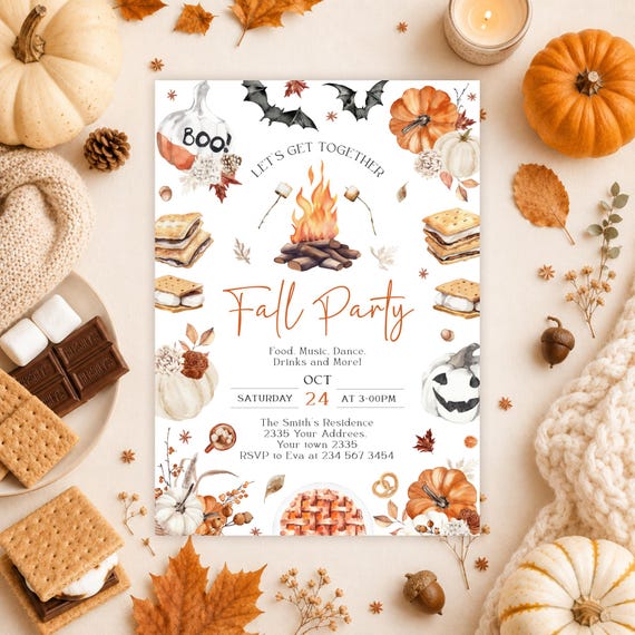 Editable Fall Party Invitation, Autumn Harvest Bonfire Night (Digital Download), Halloween Invite