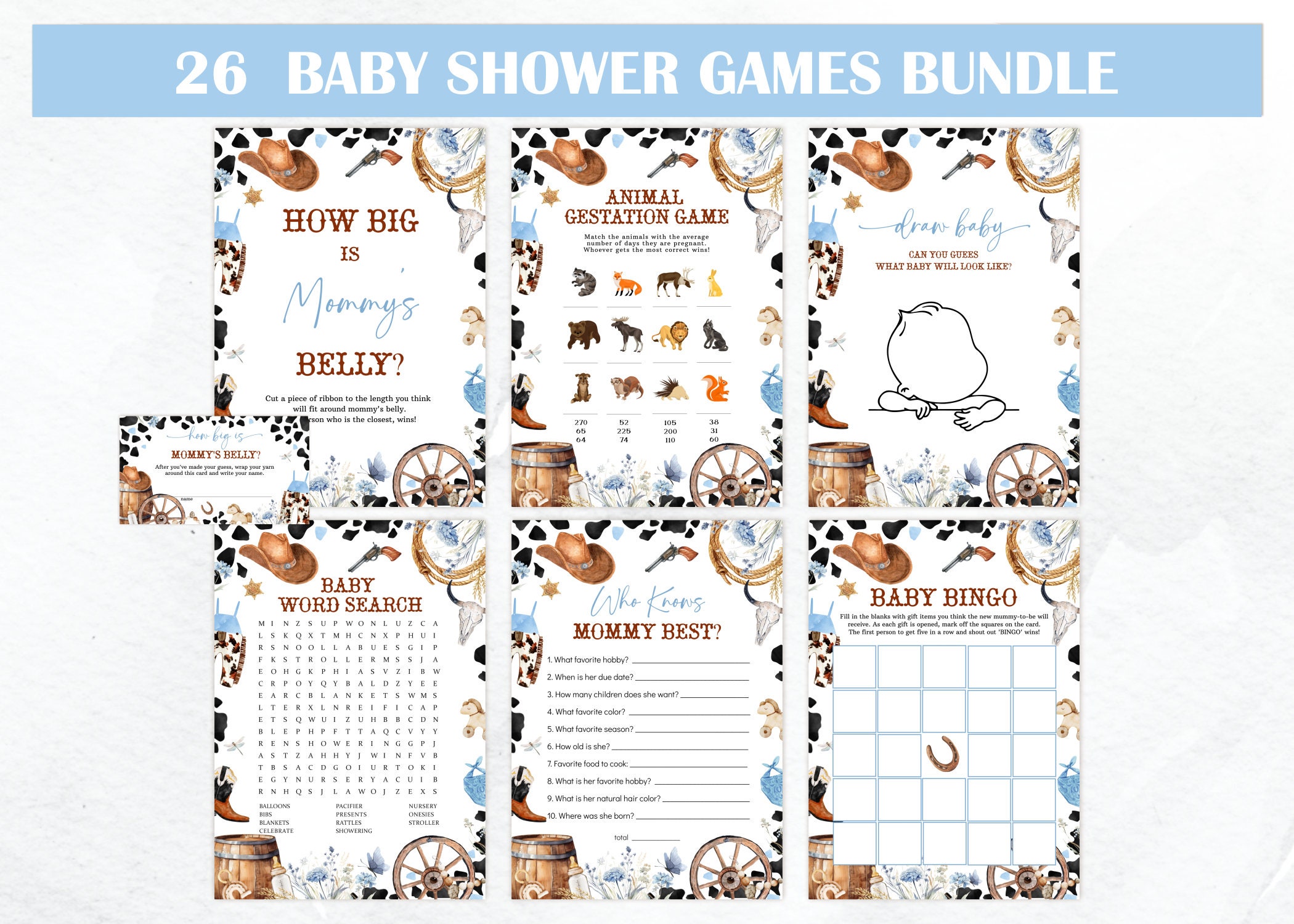 Editable Cowboy Baby Shower Games Bundle. A Little Cowboy Baby Shower Game Pack. Wild West Boy Blue Outdoors Rodeo Country Baby Shower Games