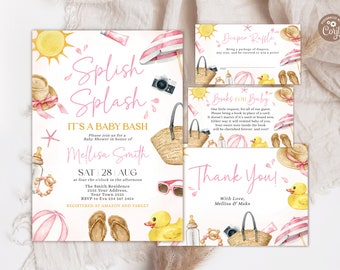 Conjunto de invitaciones editables para baby shower con temática de salpicaduras. Invitación rosa para baby shower de niña en verano con tema de playa. Conjunto rosa para niña en verano tropical con tema de piscina y playa.