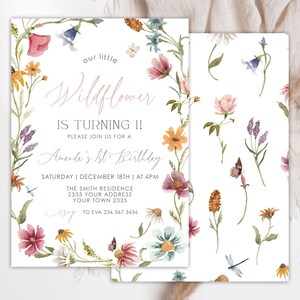 Editable Wildflower 1st Birthday Invitation. Wildflower First Birthday. Little Wildflower Garden Birthday. Girls Birthday Flower Invite.