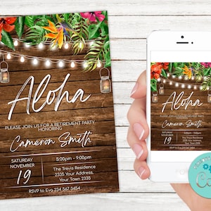 Editable Aloha Retirement Party Invitation. Aloha Retirement invitation. Tropical Retirement Party. Retirement Invites. Floral Retirement.