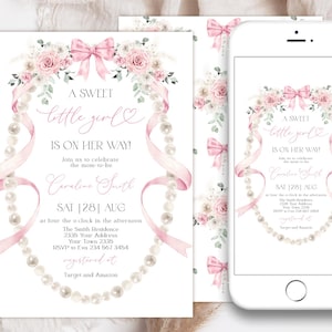 Convite editável para chá de bebê de menina doce com laço rosa e pérolas. Convite floral elegante. Convite floral suave em fita rosa pastel.