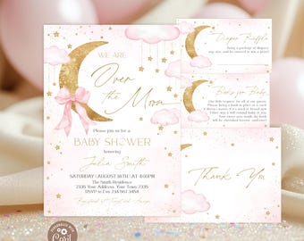 Editable We are Over the Moon Baby Shower Invitation with Pink Bow and Little Stars