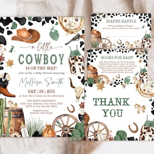 Editable Cowboy Baby Shower Invitation Set. A Little Cowboy Baby Shower Invite Pack. Green Wild West Western Boy Outdoors Rodeo Country.