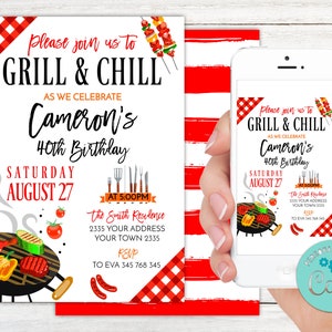 Editable Grill and Chill Invitation. Barbecue Backyard Party. BBQ Birthday invitation. Adult Birthday. BBQ Invitation. Backyard BBQ Invite.