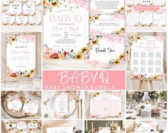 Editable Pink Baby-Q Shower Bundle (Digital Download), Rustic Pink Floral BBQ Picnic Kit