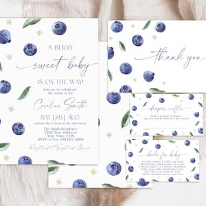 Editable Blueberry Baby Shower Invitation. Berry Sweet Baby Shower Invite. Blueberries Party. A Berry Sweet Baby Is On The Way Baby Shower.
