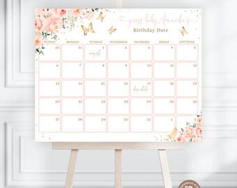 Editable Butterfly Floral Baby Due Date Calendar Game, Printable Baby Shower Activity (Digital Download)