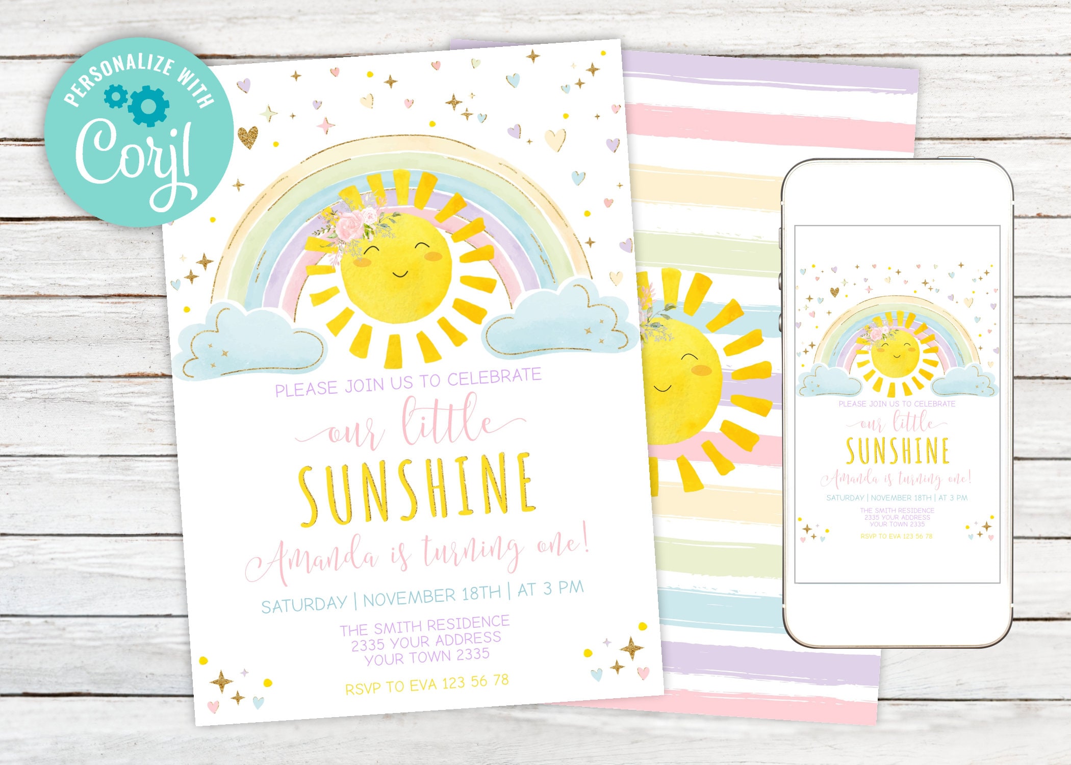Editable Sunshine & Rainbow Birthday Invitation. Our Little Sunshine Birthday Invitation. Girls Rainbow Party. Watercolor Sunshine Party.