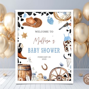 Cartello di benvenuto modificabile per baby shower con cowboy. Cartello di benvenuto "Un piccolo cowboy è in arrivo". Cartello "Wild West Western Boy Blue Outdoors Rodeo".