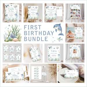 Editable Oneder the Sea Birthday Invitation Bundle. Ocean Theme 1st Birthday Party Decor Kit. Sea Animals 1st Birthday Party Package.